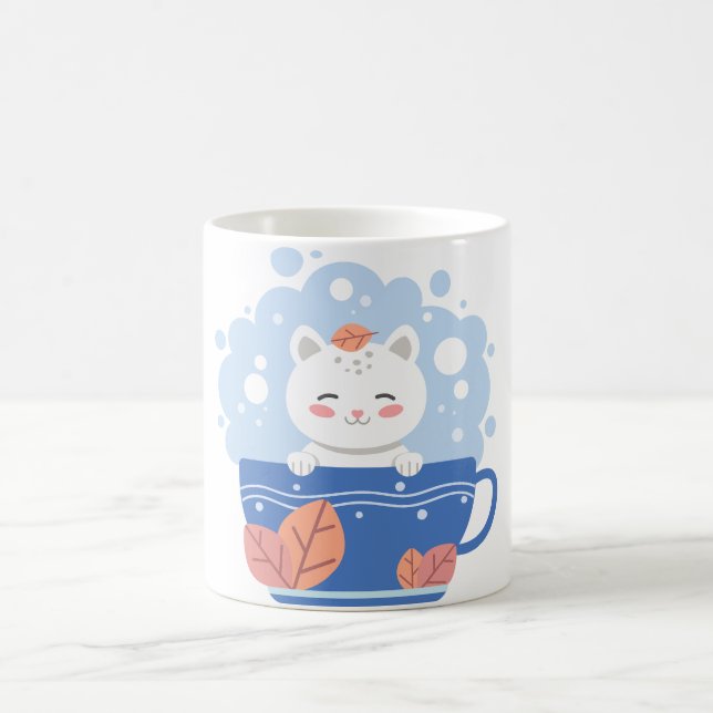 Caneca De Café Cute Kawaii Cat in a Blue Teacup Coffee Mug (Centro)