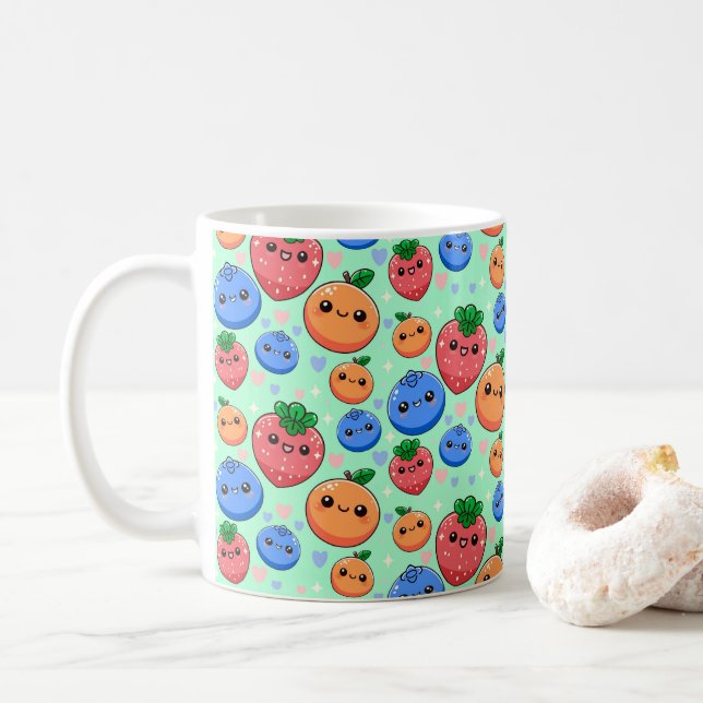 Caneca De Café Cute Kawaii Green Orange Blue Fruit (Com Donut)