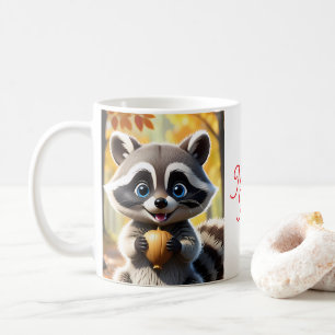 Caneca De Café Cute Kawaii style Racoon segurando uma bolota