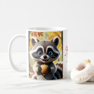 Caneca De Café Cute Kawaii style Racoon segurando uma bolota