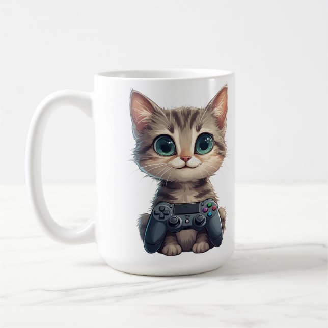 Caneca De Café Cute Kitten Holding Game Controller Gamer Cat (Esquerda)