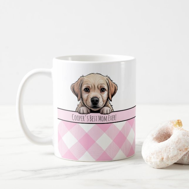 Caneca De Café Cute Labrador Puppy Best Dog Mom Pink Gingham (Com Donut)
