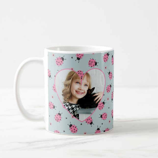 Caneca De Café Cute Ladybug Pattern Custom Photo & Name - Blue  (Esquerda)