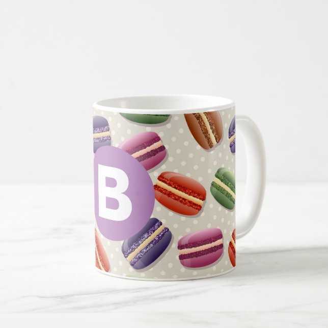 Caneca De Café Cute Macaroon Pattern Dotty Purple Monogram (Frente Esquerda)
