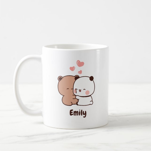 Caneca De Café Cute Panda abraçando amor, Nome Personalizado (Esquerda)