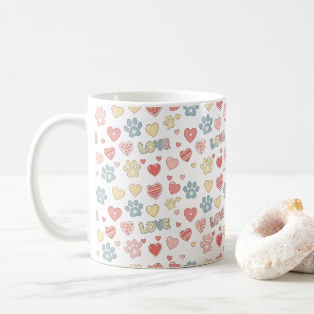 Caneca De Café Cute Pastel Paw Prints and Hearts "LOVE" Pattern  (Com Donut)