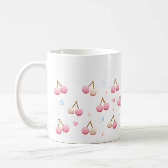 Caneca De Café Cute Pastel Pink Cherry Pattern Coffee Mug (Esquerda)