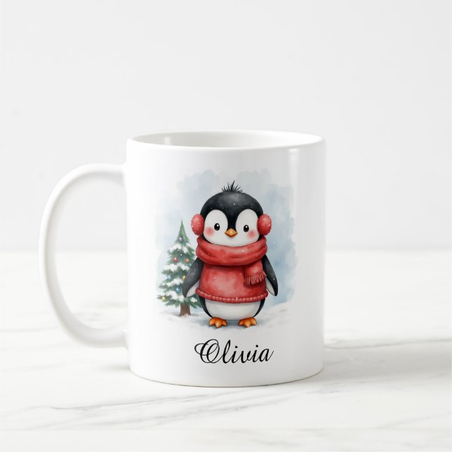 Caneca De Café Cute Penguin in Sweater Custom Name Mug (Esquerda)