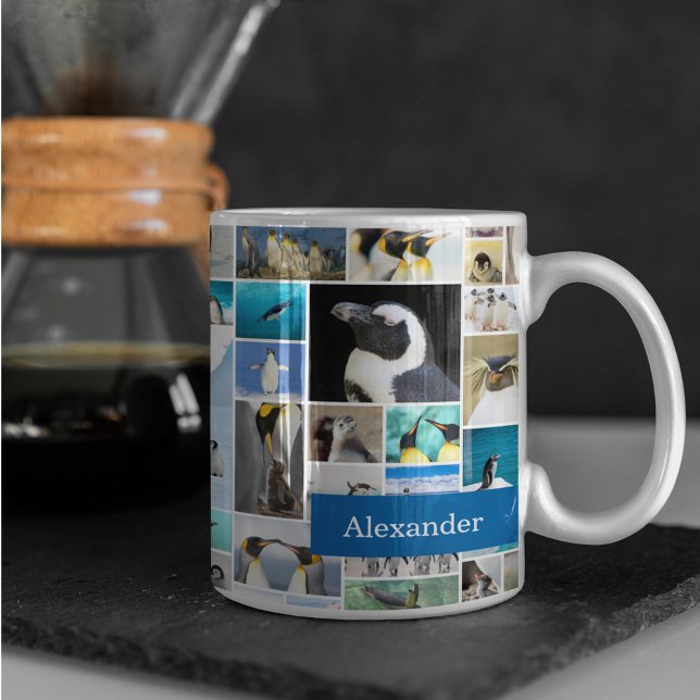 Caneca De Café Cute Penguin Photo Collage Pattern with First Name (Criador carregado)