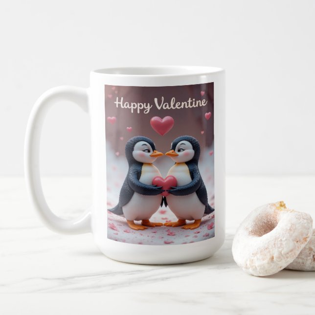 Caneca De Café Cute Penguin Valentine Adorable Couple Love (Com Donut)