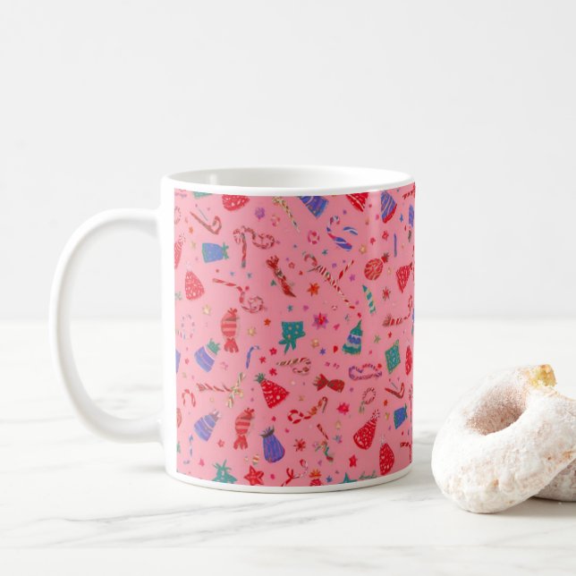 Caneca De Café “Cute Pink Christmas Pattern Mug – Festive Holiday (Com Donut)