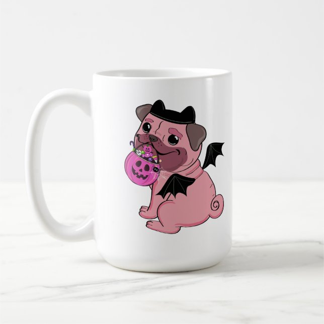 Caneca De Café Cute Pink Pug in a Halloween Costume Holding  (Esquerda)