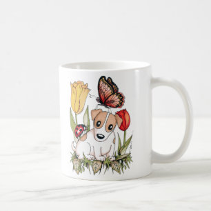 Caneca De Café Cute Puppy com Borboleta, Ladybug e Tulipas