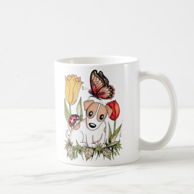 Caneca De Café Cute Puppy com Borboleta, Ladybug e Tulipas (Direita)