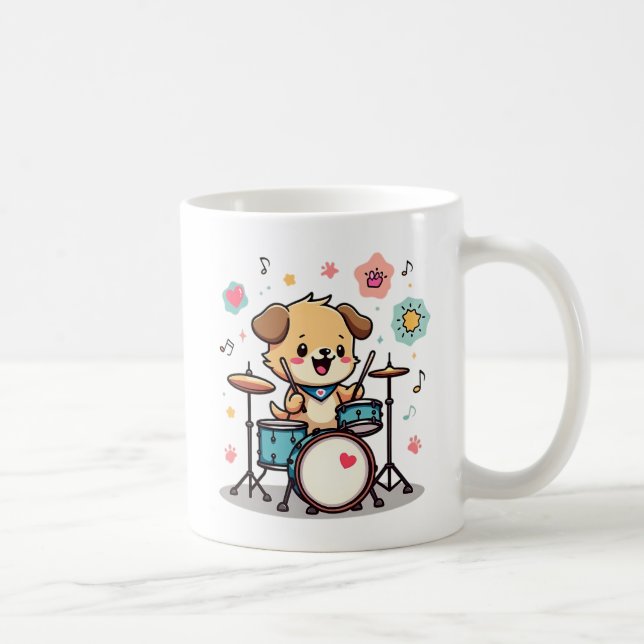 Caneca De Café Cute Puppy Drummer - Happy Dog Playing Drums (Direita)