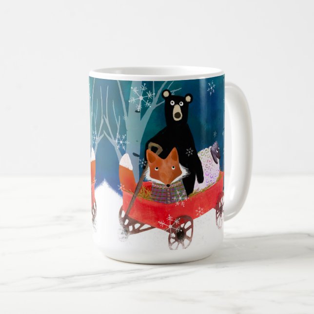 Caneca De Café Cute Red Wagon with Bear, Fox, and Sheep Mug (Frente Esquerda)
