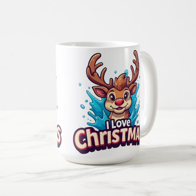 Caneca De Café Cute Reindeer Mascot With 'I Love Christmas' Text (Frente Esquerda)