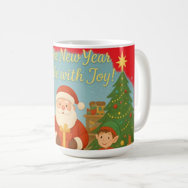 Caneca De Café Cute Santa & Elves New Year Holiday Card (Frente Esquerda)