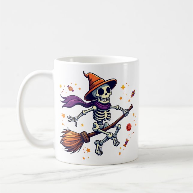 Caneca De Café Cute Skeleton Riding Broom Halloween Mug (Esquerda)