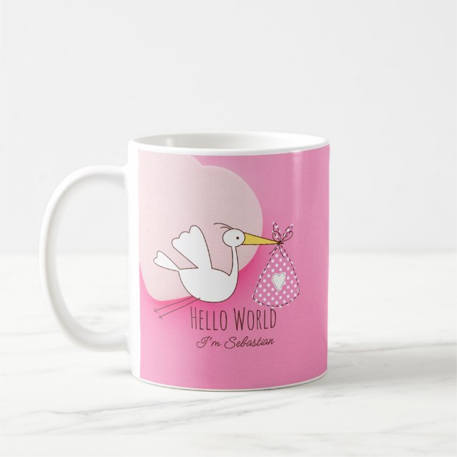 Caneca De Café Cute Stork Baby Boy Hello World Sebastian Pink Mug (Esquerda)