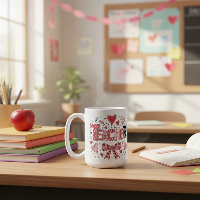 Caneca De Café Cute Teacher Valentine's Day Coquette Bow Heart  (Criador carregado)