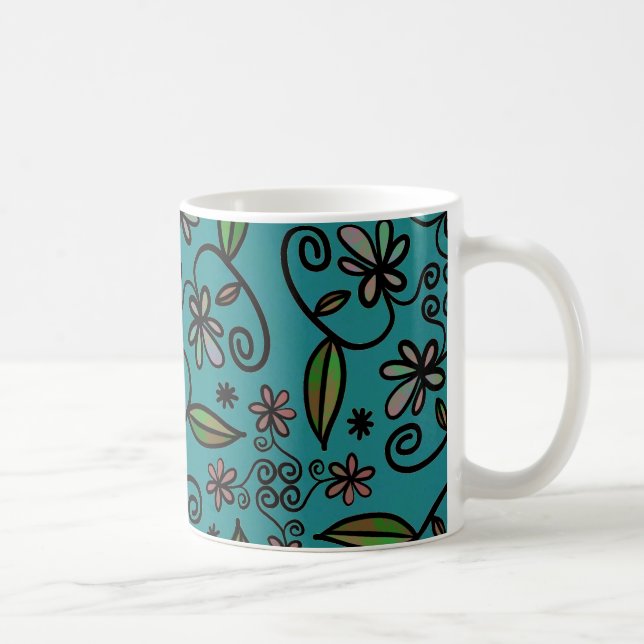 Caneca De Café Cute Teal Floral Pattern (Direita)