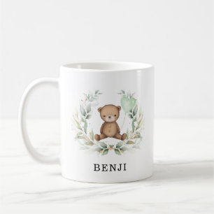 Caneca De Café Cute Teddy Bear Eucalyptus Greenery Wreath Name