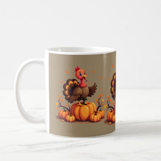 Caneca De Café Cute Thanksgiving Turkey Autumn Pumpkins Scene (Esquerda)