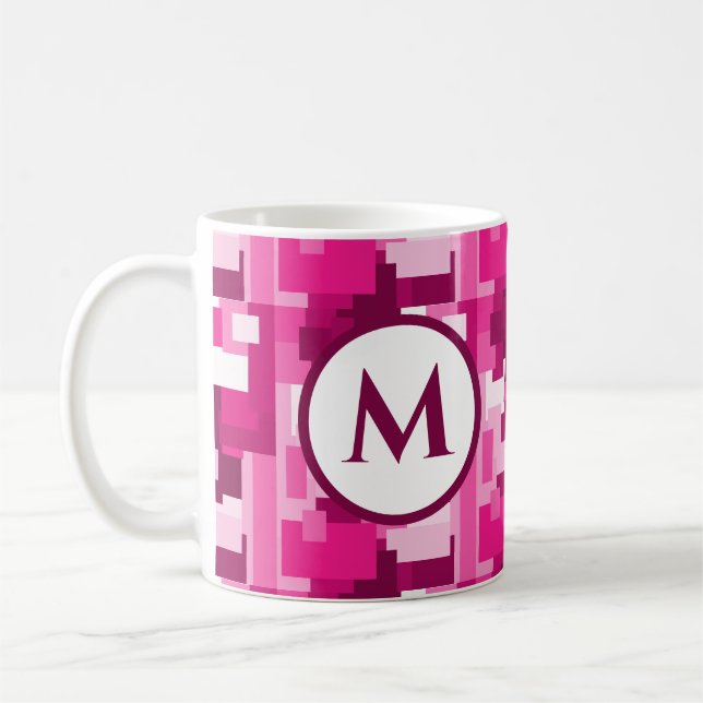 Caneca De Café Cute Trendy Hot Pink Digital Camo Pattern Monogram (Esquerda)