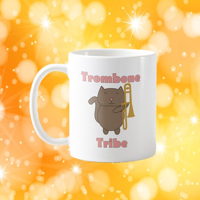 Caneca De Café Cute Trombone Cat Illustration Trombone Tribe  (A mug with a brown cat and a trombone along with the words trombone tribe)