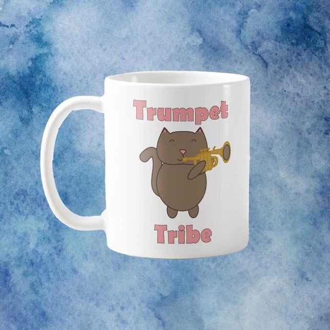Caneca De Café Cute Trumpet Tribe Cat Illustration Music Lover (A mug with a cute brown cat playing the trumpet with the words trumpet tribe.)