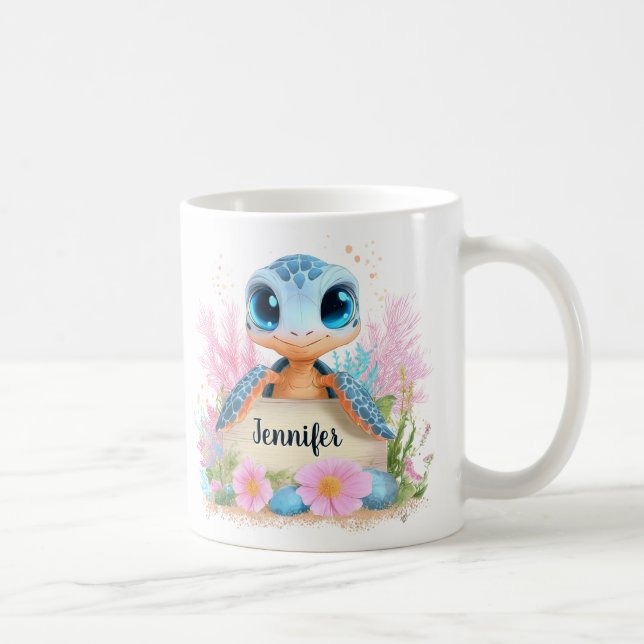 Caneca De Café Cute Turtle Personalized Custom Name Animal (Direita)