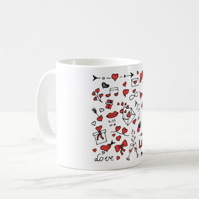 Caneca De Café Cute Valentine Day Doodle Love Design on White Mug (Frente Esquerda)