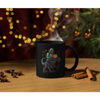 Caneca De Café Cyber Neon Skeleton Riding Robo Dino - Halloween