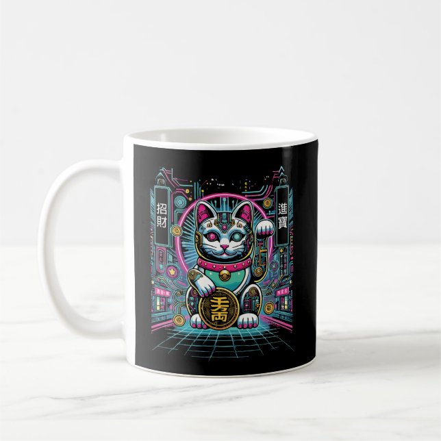 Caneca De Café Cyberpunk Robot Maneki Neko Lucky Cat, Dinheiro (Esquerda)
