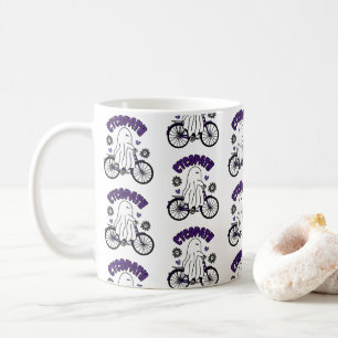 Caneca De Café Cycopath Halloween Ghost em Bicicleta Roxa
