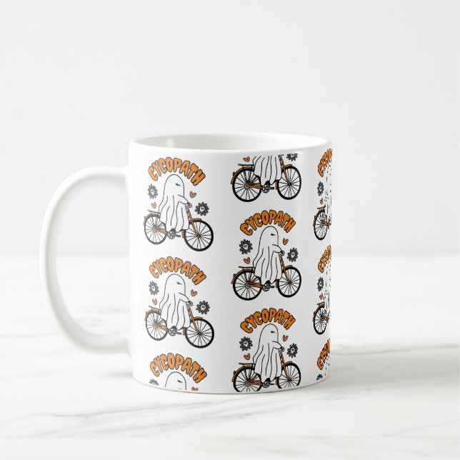 Caneca De Café Cycopath Halloween Ghost on Orange Bicycle (Esquerda)