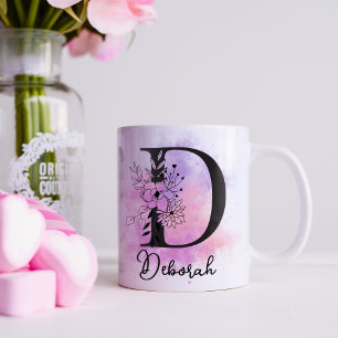 Caneca De Café D de Monograma Preto Floral Roxo Rosa