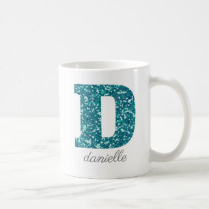 Caneca De Café D Monograma Brilhante Turquesa Personalizado