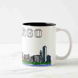 Caneca de café da arte do pixel da skyline de