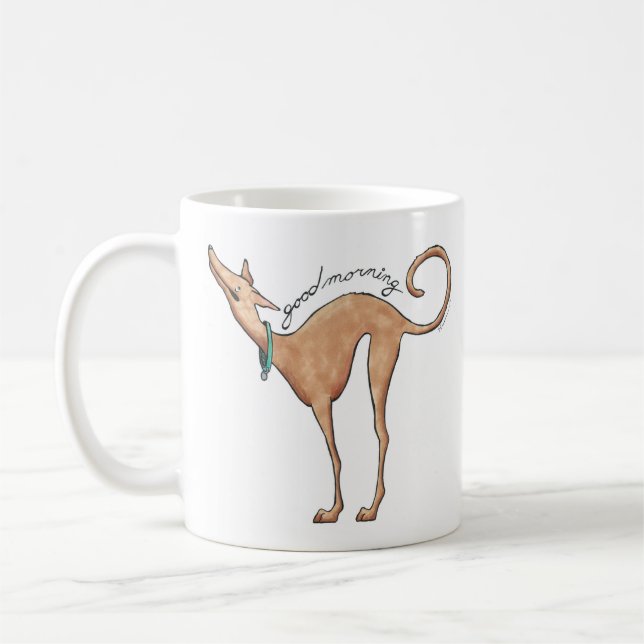 Caneca de café da ilustração do galgo do bom dia (Esquerda)