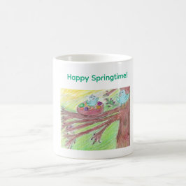 Caneca de café da primavera com bebê e passarinho 