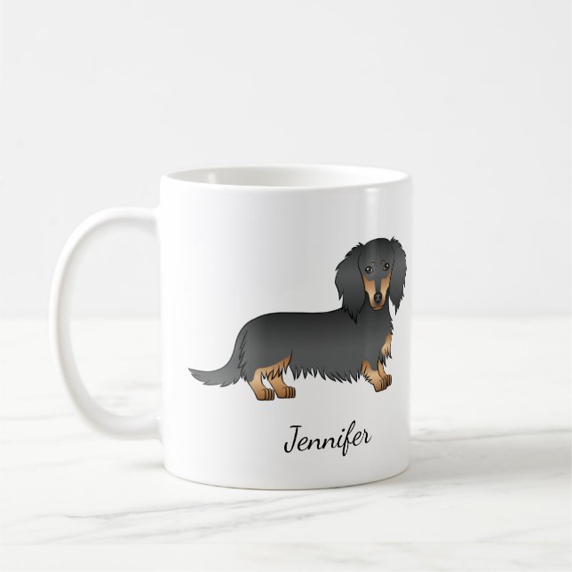 Caneca De Café Dachshund Cartoon Cachorro Pelo Longo Preto e Cast (Esquerda)