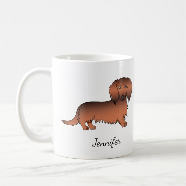 Caneca De Café Dachshund Cartoon Cão de Pelo Longo Sable Vermelho (Esquerda)