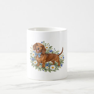 Caneca De Café Dachshund castanho com Laço Azul e Margaridas Bran