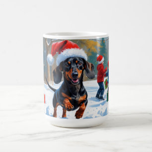 Caneca De Café Dachshund Correndo em Neve com Chapéu de Natal
