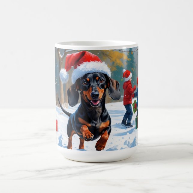 Caneca De Café Dachshund Correndo na Neve com Chapéu de Natal (Centro)