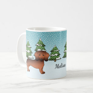 Caneca De Café Dachshund De Cabelo Curto Vermelho Em Uma Floresta