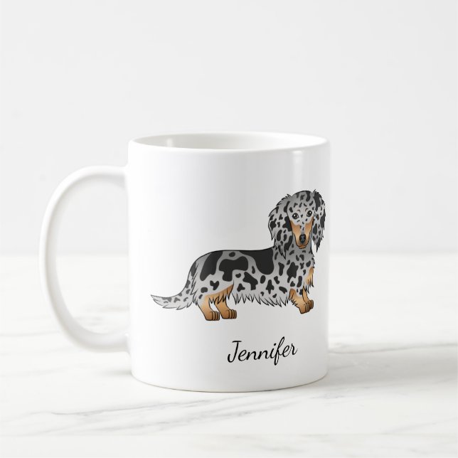 Caneca De Café Dachshund de Cabelo Longo e Cor de Dapple Preto e  (Esquerda)