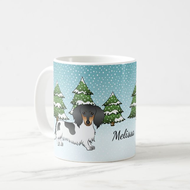 Caneca De Café Dachshund de Cabelo Longo Preto e Marrom com Manch (Frente Esquerda)
